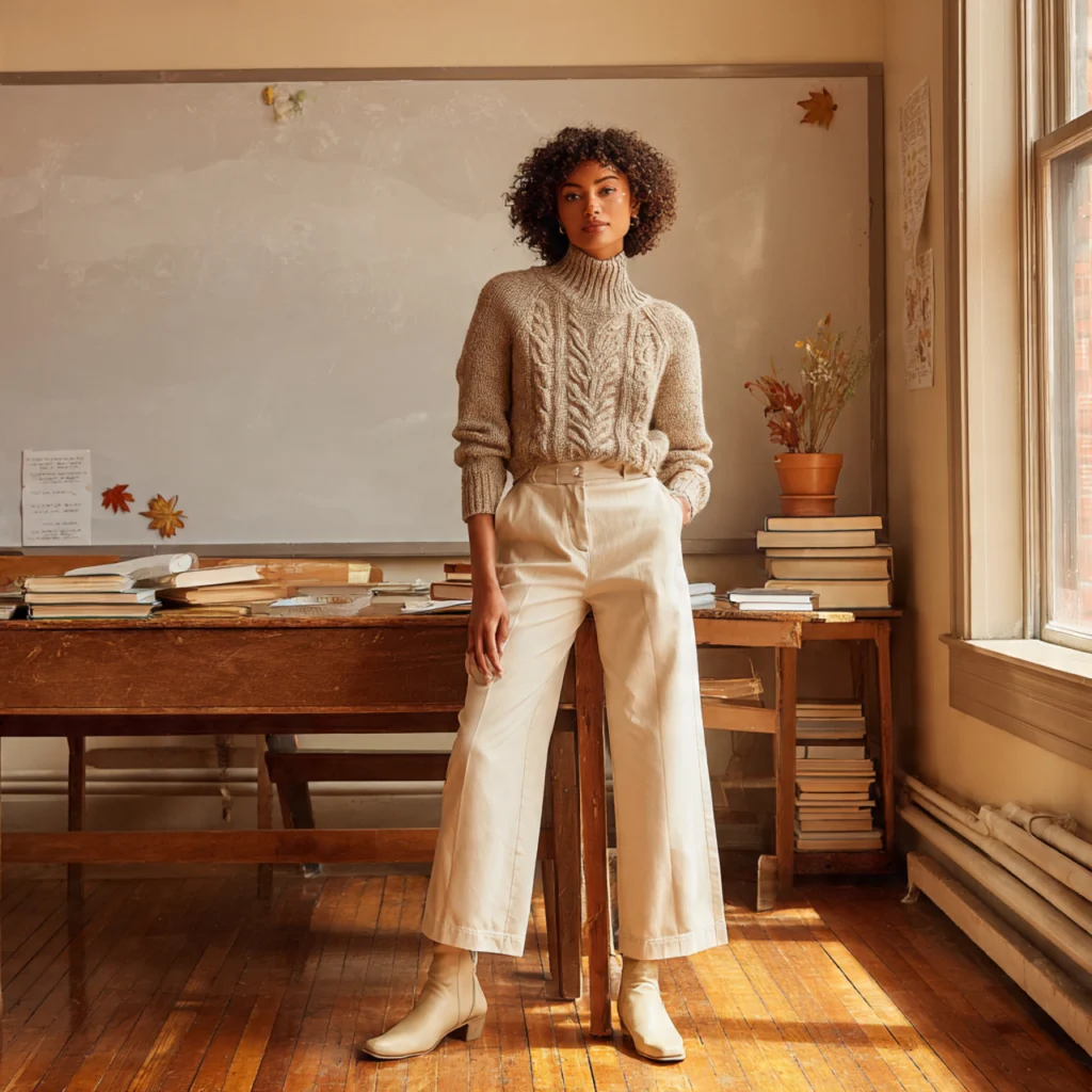 25 Best Fall Teacher Outfits for Comfort and Classroom Style 18 Fall Teacher Outfits with Sweater and Wide-Leg Trousers