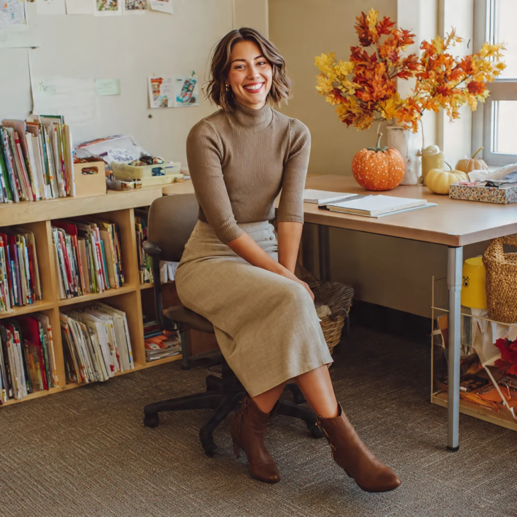 25 Best Fall Teacher Outfits for Comfort and Classroom Style 10 Fall Teacher Outfits with Turtleneck and Midi Skirt