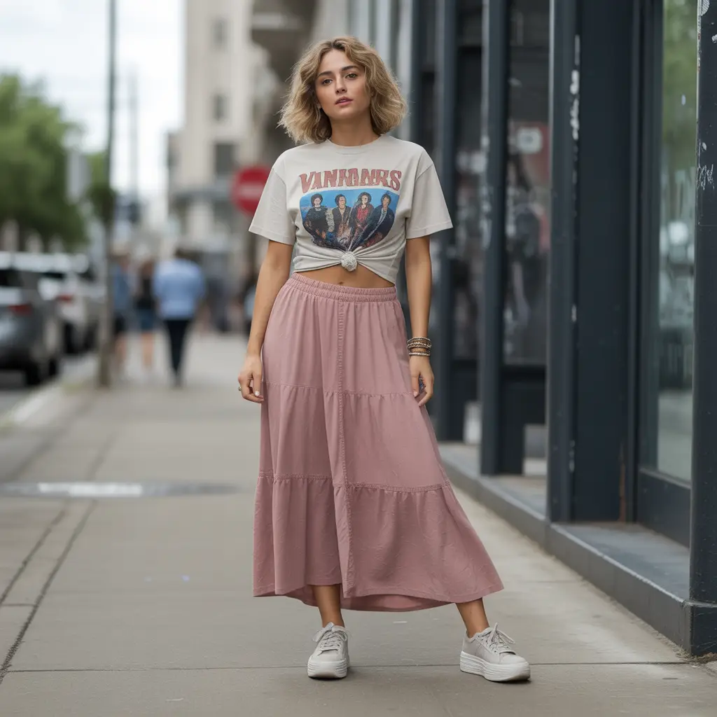 18 Best Vintage 90s Summer Outfits for Effortless Cool Style 16 Graphic Tee and Maxi Skirt Combo