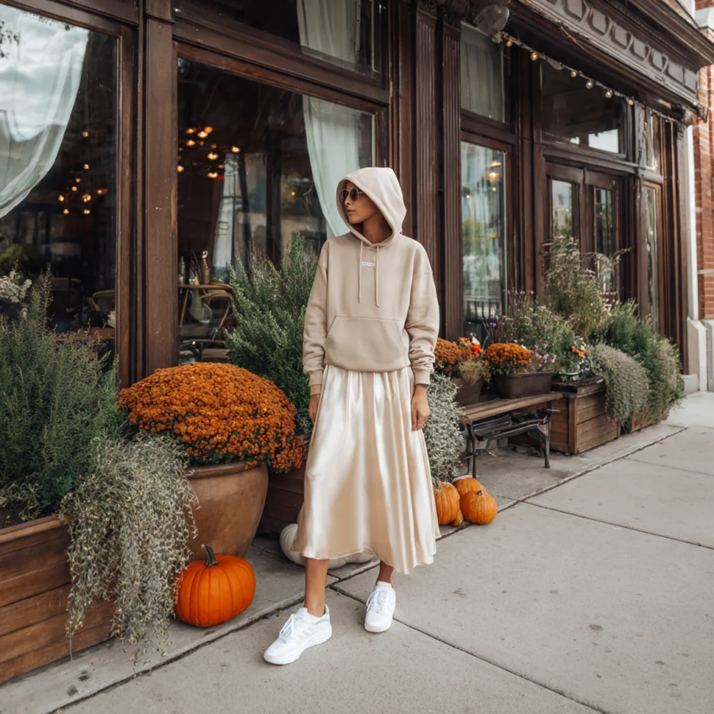 Hoodie, Satin Skirt and Sneakers