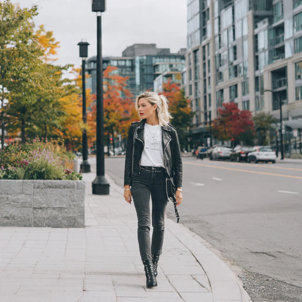 Leather or Faux-Leather Jacket with Jeans