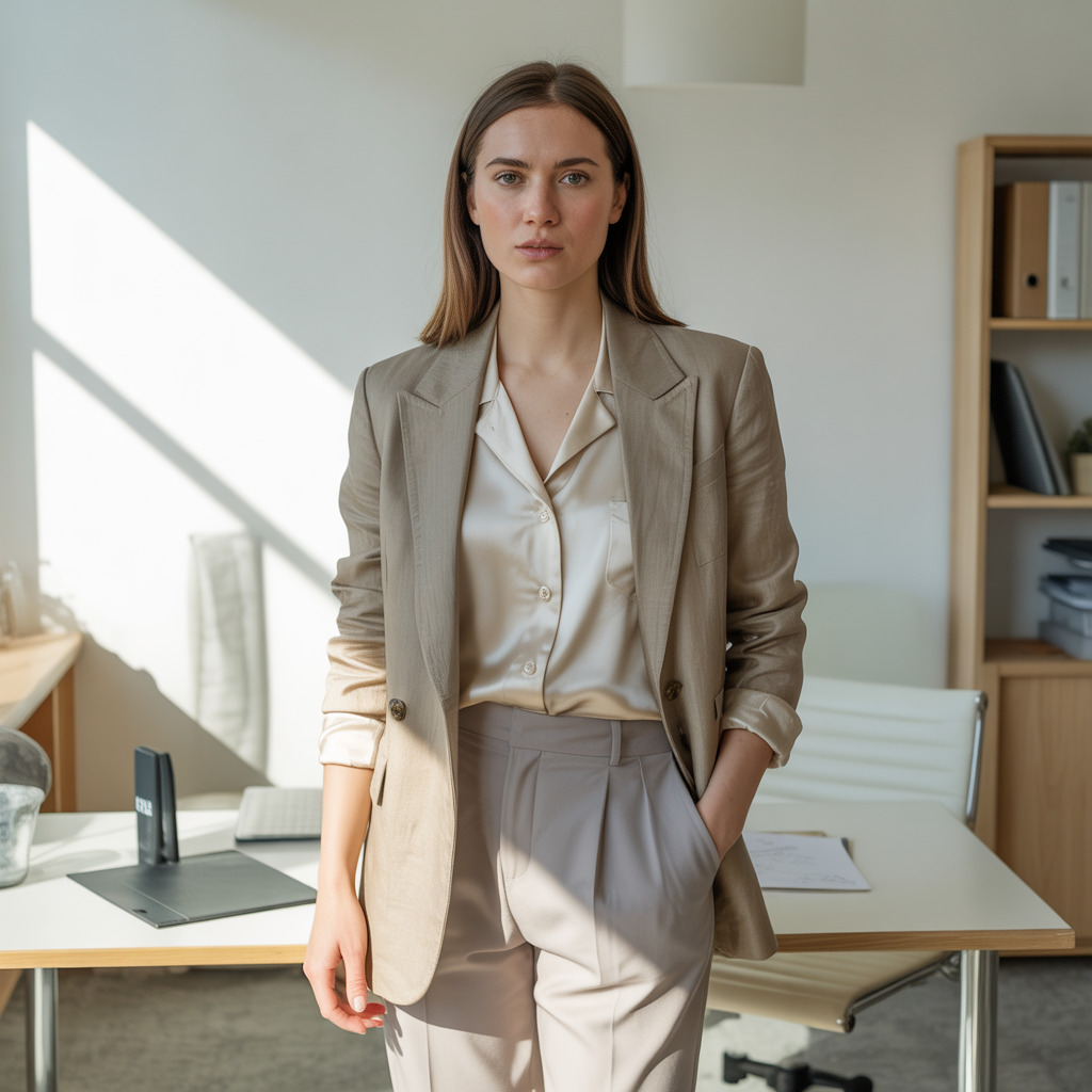 Linen Blazer with Silk Blouse and Cropped Trousers