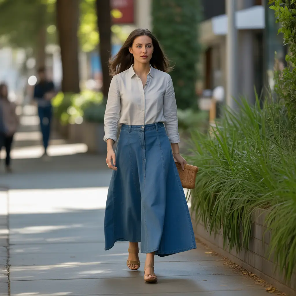 Long Denim Skirts and Lightweight Tops