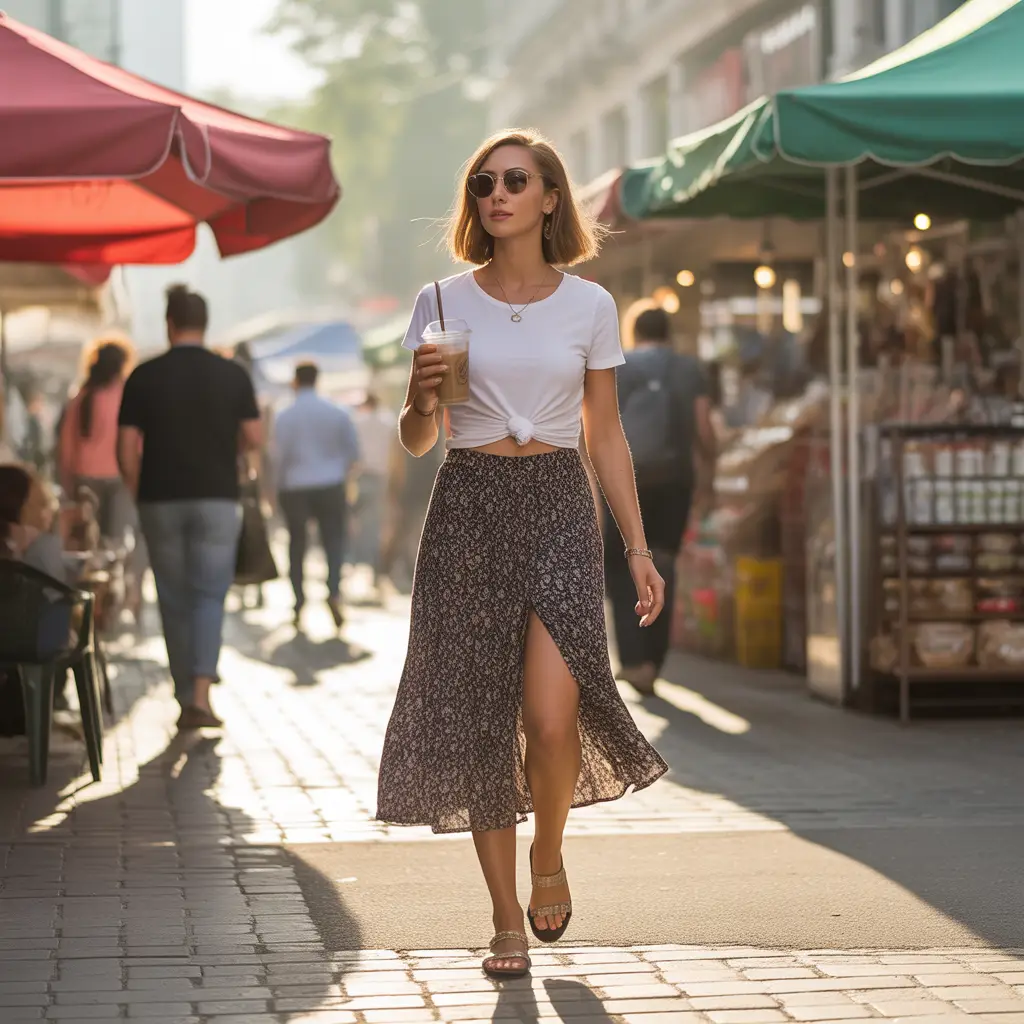 Midi Skirt with a Knotted Tee