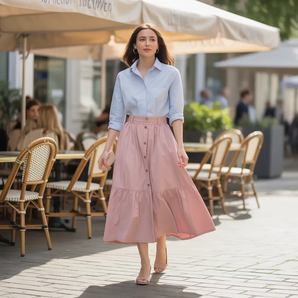 Midi Skirts and Tucked-In Cotton Shirts
