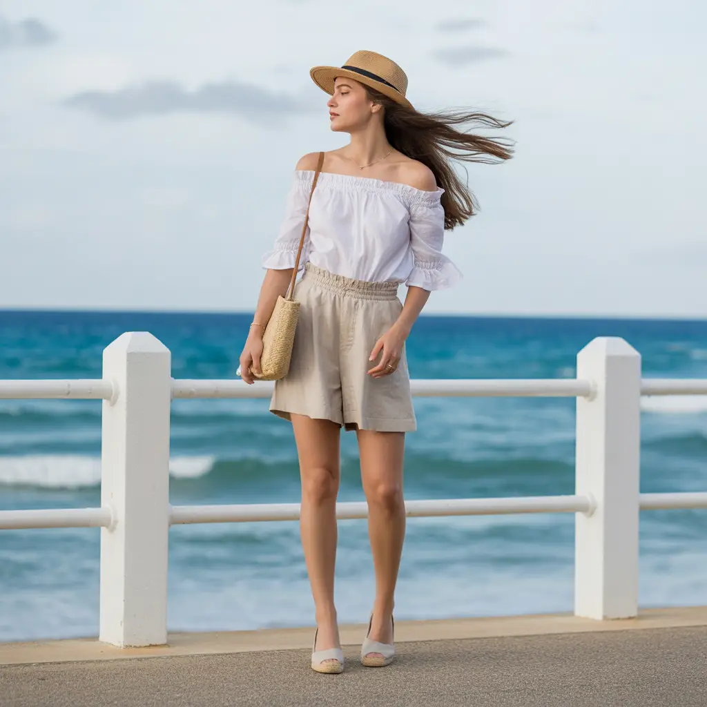 Off-Shoulder Blouse with Linen Shorts