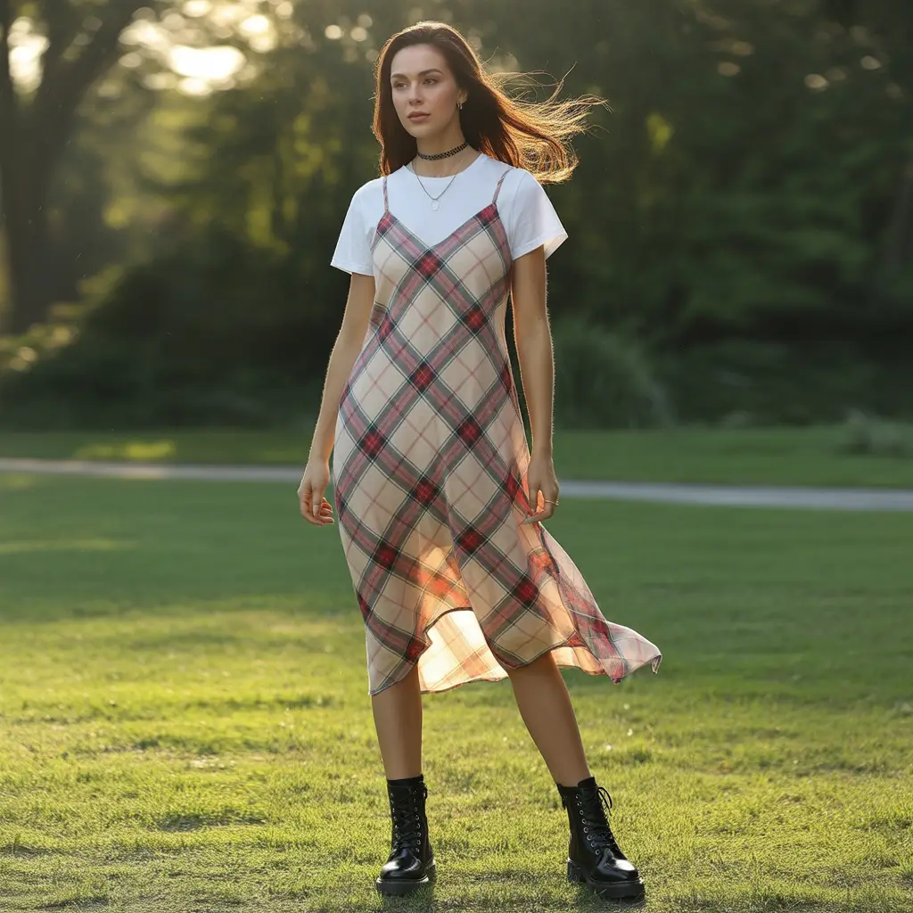 18 Best Vintage 90s Summer Outfits for Effortless Cool Style 11 Plaid Dress with Combat Boots