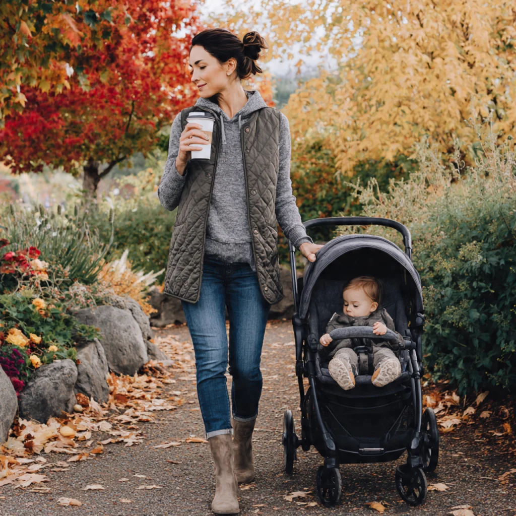 Pullover Hoodie with Quilted Vest and Ankle Boots