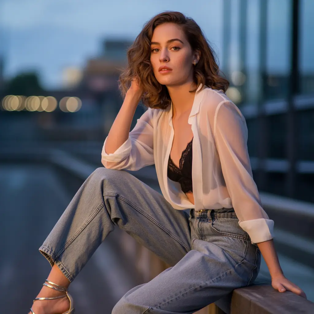 Sheer Blouse with Bralette and High-Waist Jeans
