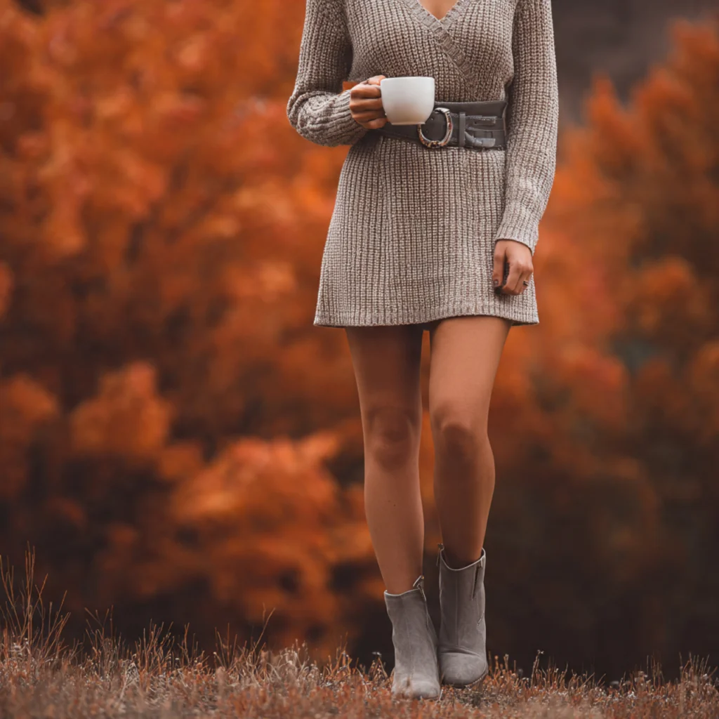 Sweater Dress with Belt and Ankle Boots