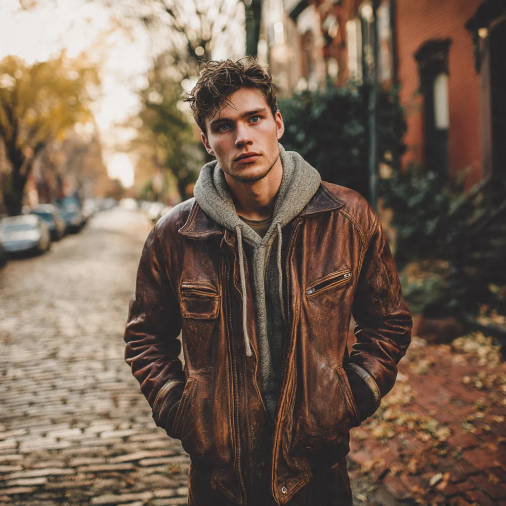 Vintage Leather Bomber With Hoodie