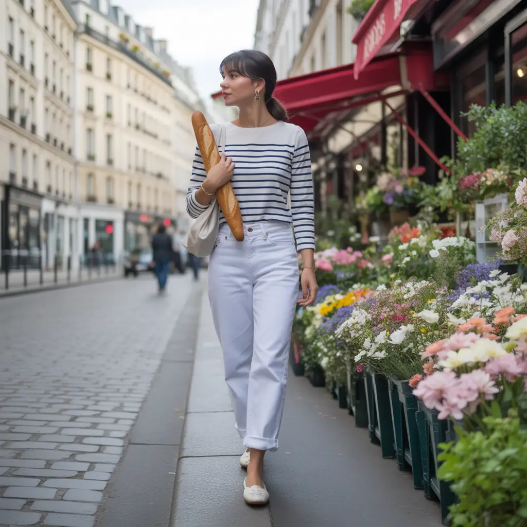 White Jeans with a Striped Breton Top