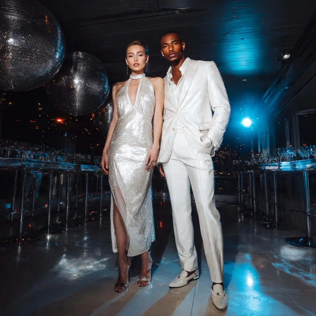 All White Party Outfits With Metallic White Fabric