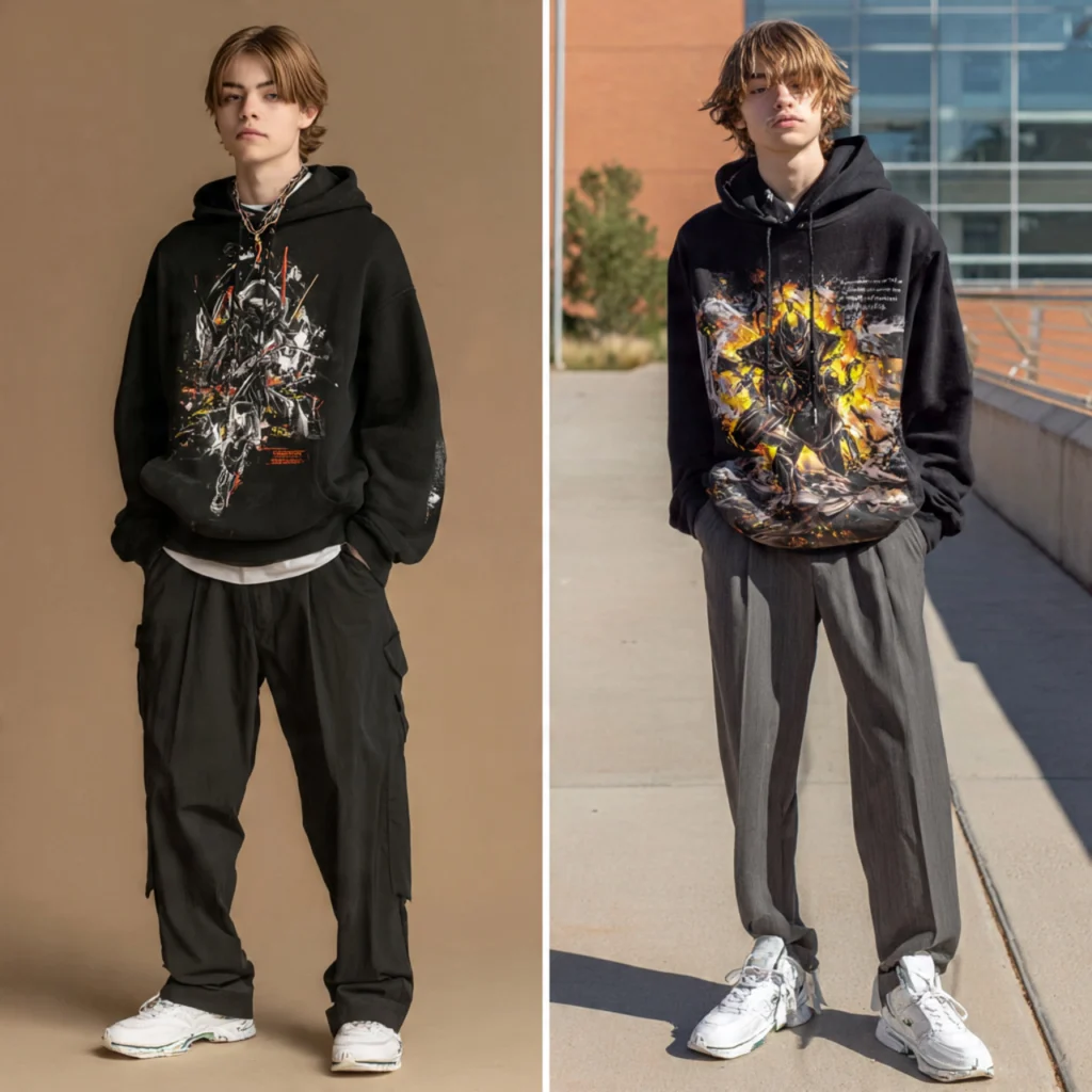 Graphic Hoodie and Structured Pants Back to School Outfits