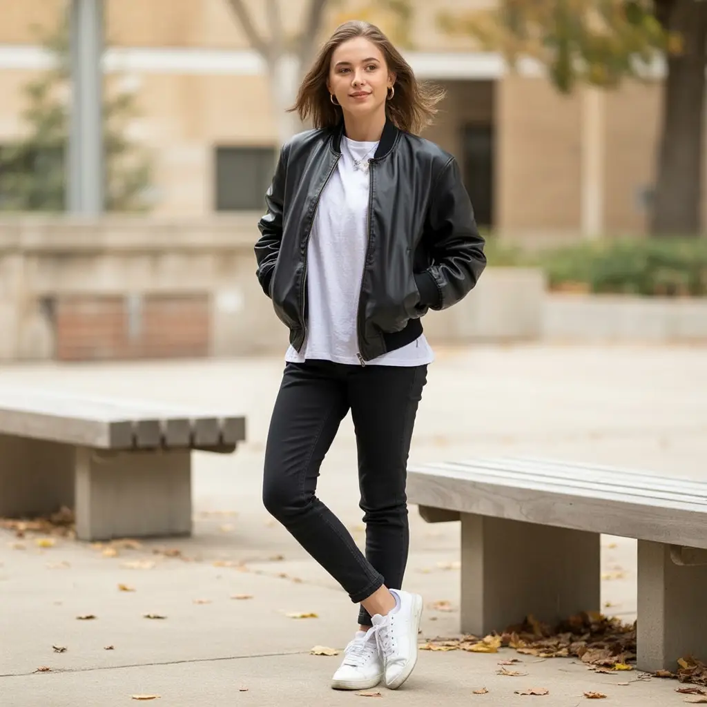Back to School Outfits Highschool Black – Black Leather Bomber With Tees
