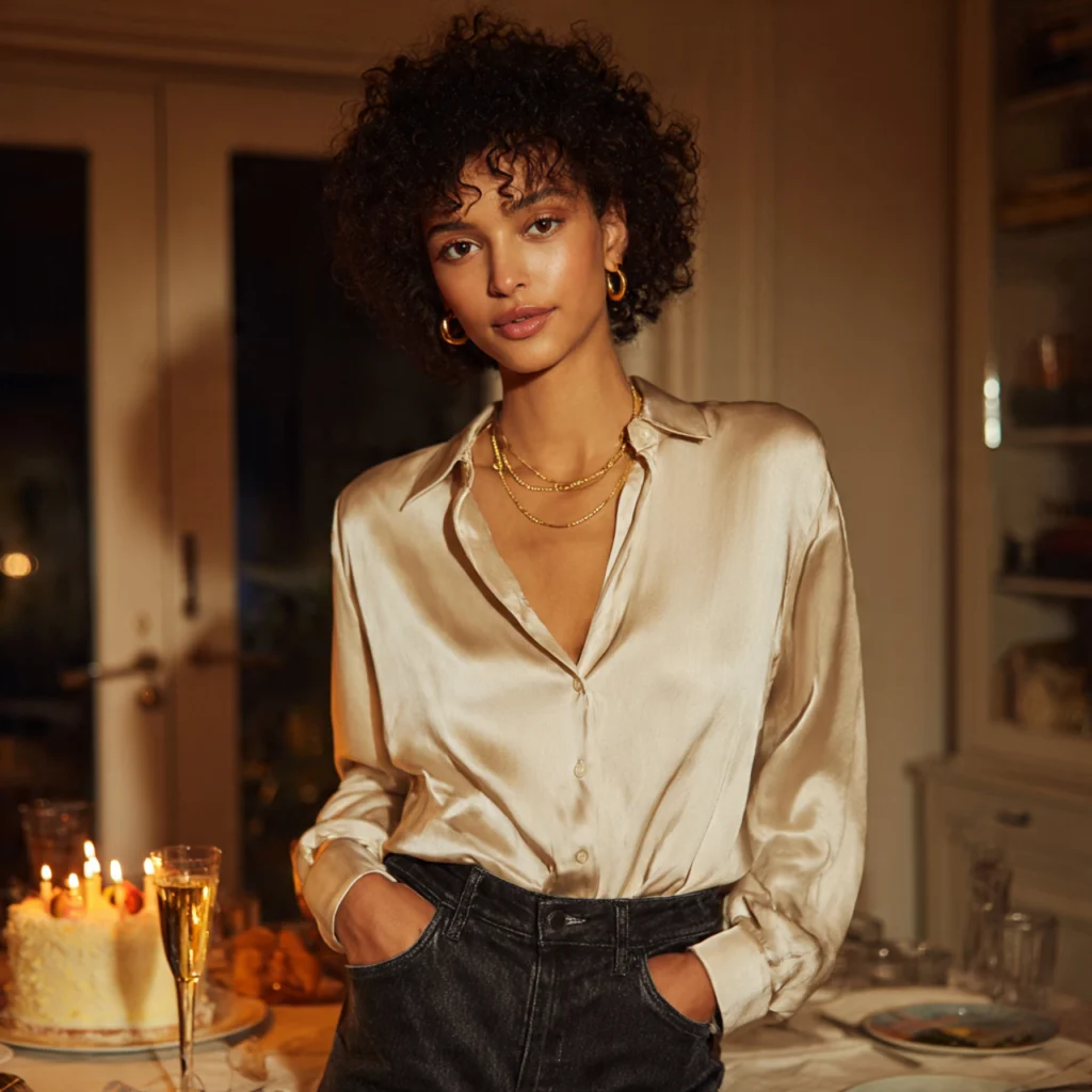 Birthday Party Outfits: High-Waisted Jeans and Satin Blouse