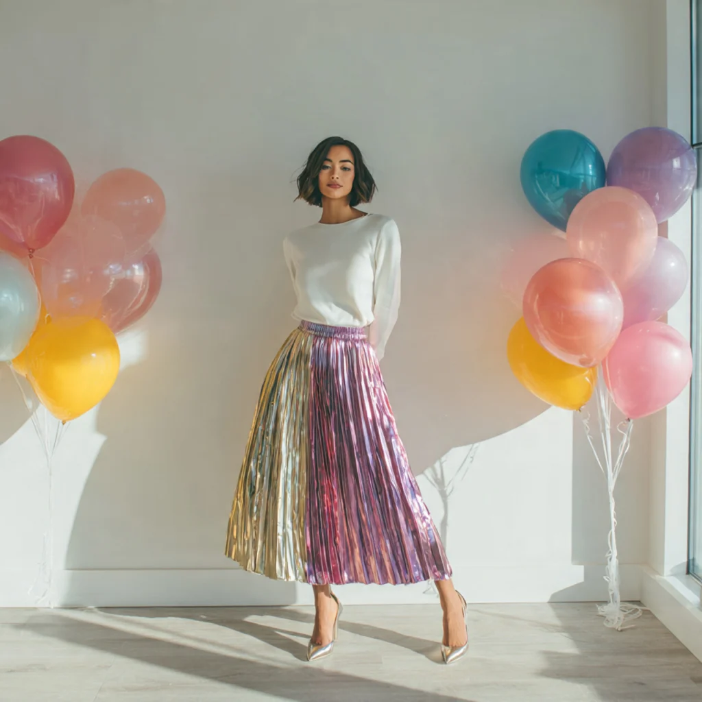 Birthday Party Outfits: Metallic Skirt with Simple Top
