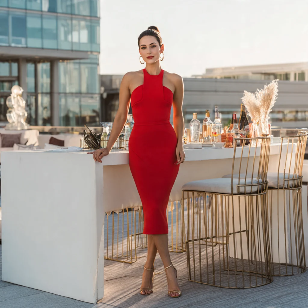 Birthday Party Outfits: Structured Midi Dress with Bold Color