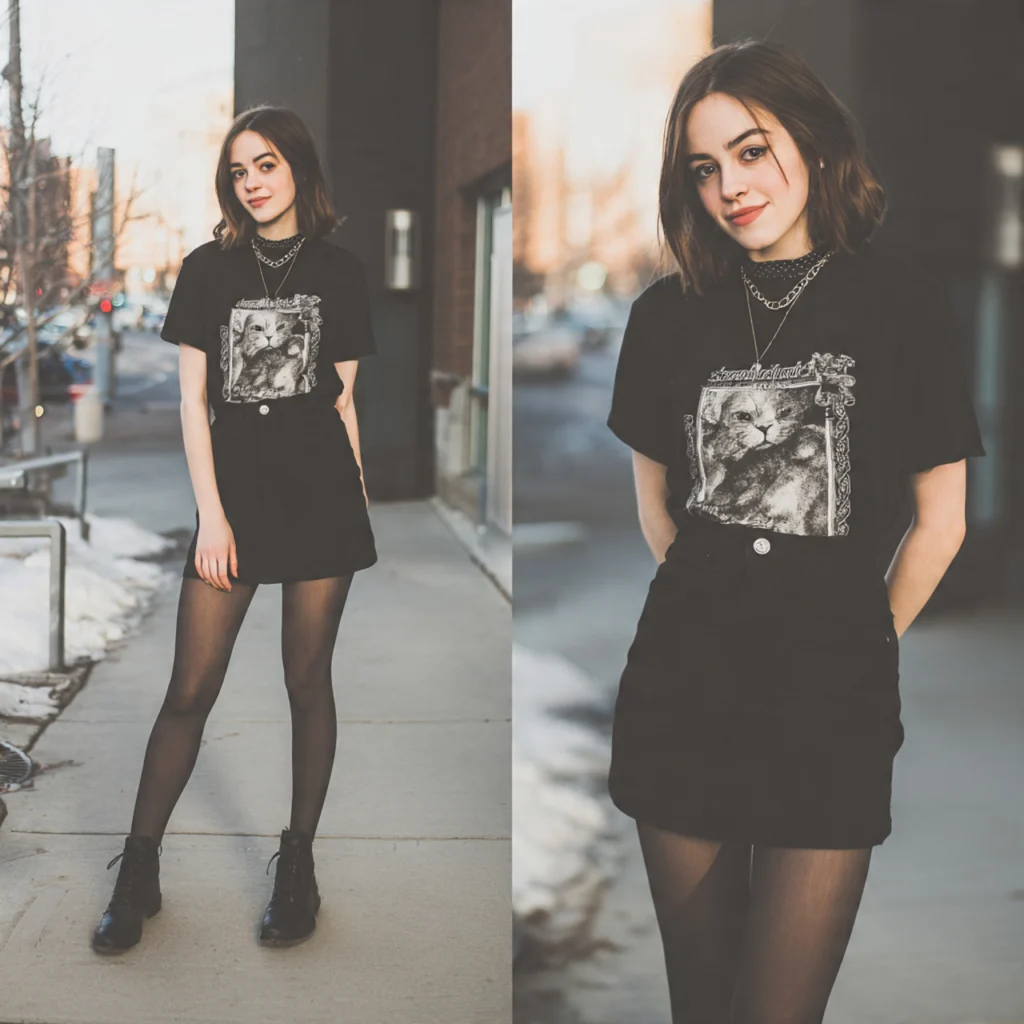 Black Back to School Outfits with Denim Skirts and Graphic Tees