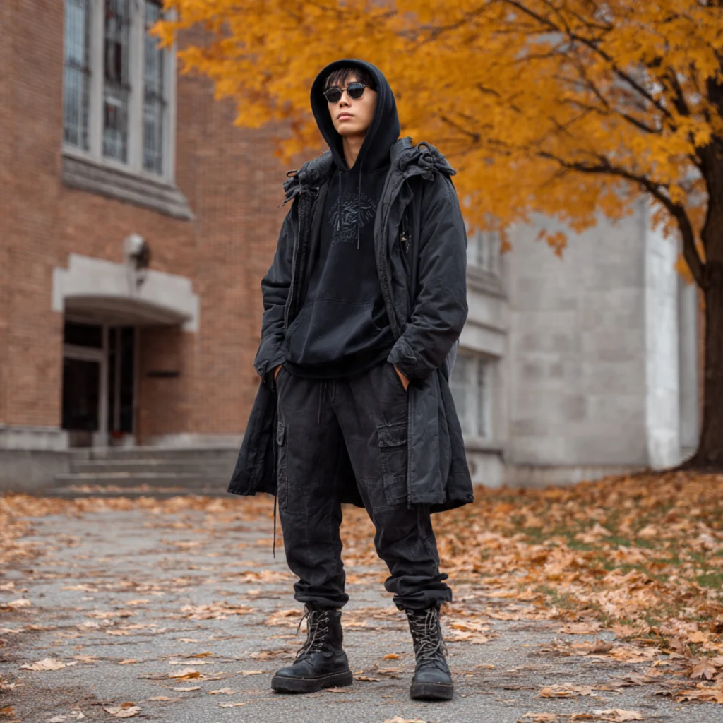 Black Back to School Outfits with Layered Outerwear