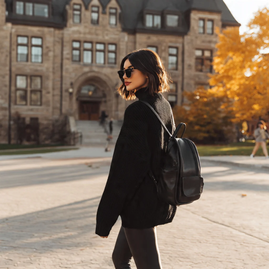 Black Back to School Outfits with Oversized Sweater and Leggings