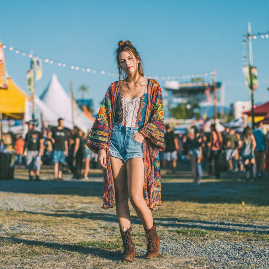 25 Trendy Country Concert Outfit Ideas to Rock Your Look 18 Boho Kimono with Denim Shorts