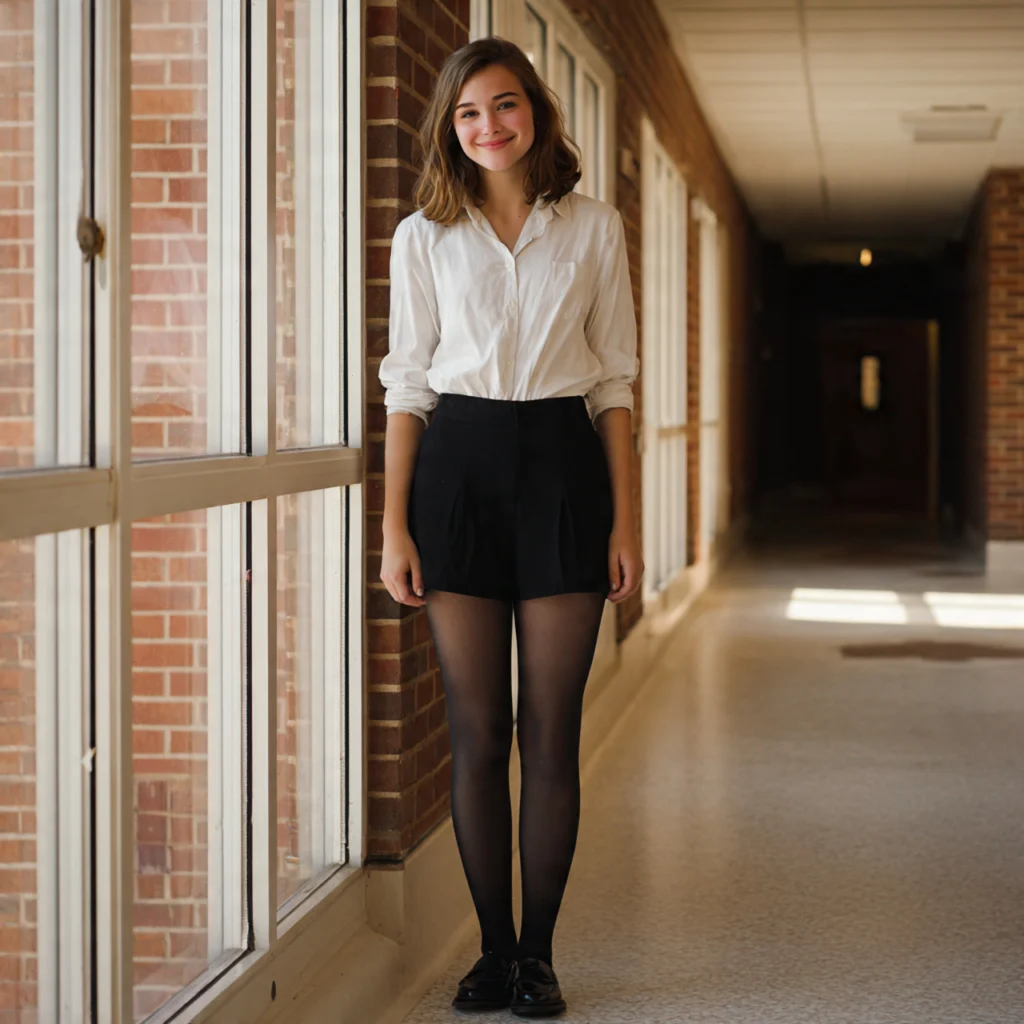Button-Down Shirt with Knee-Length Shorts and Tights