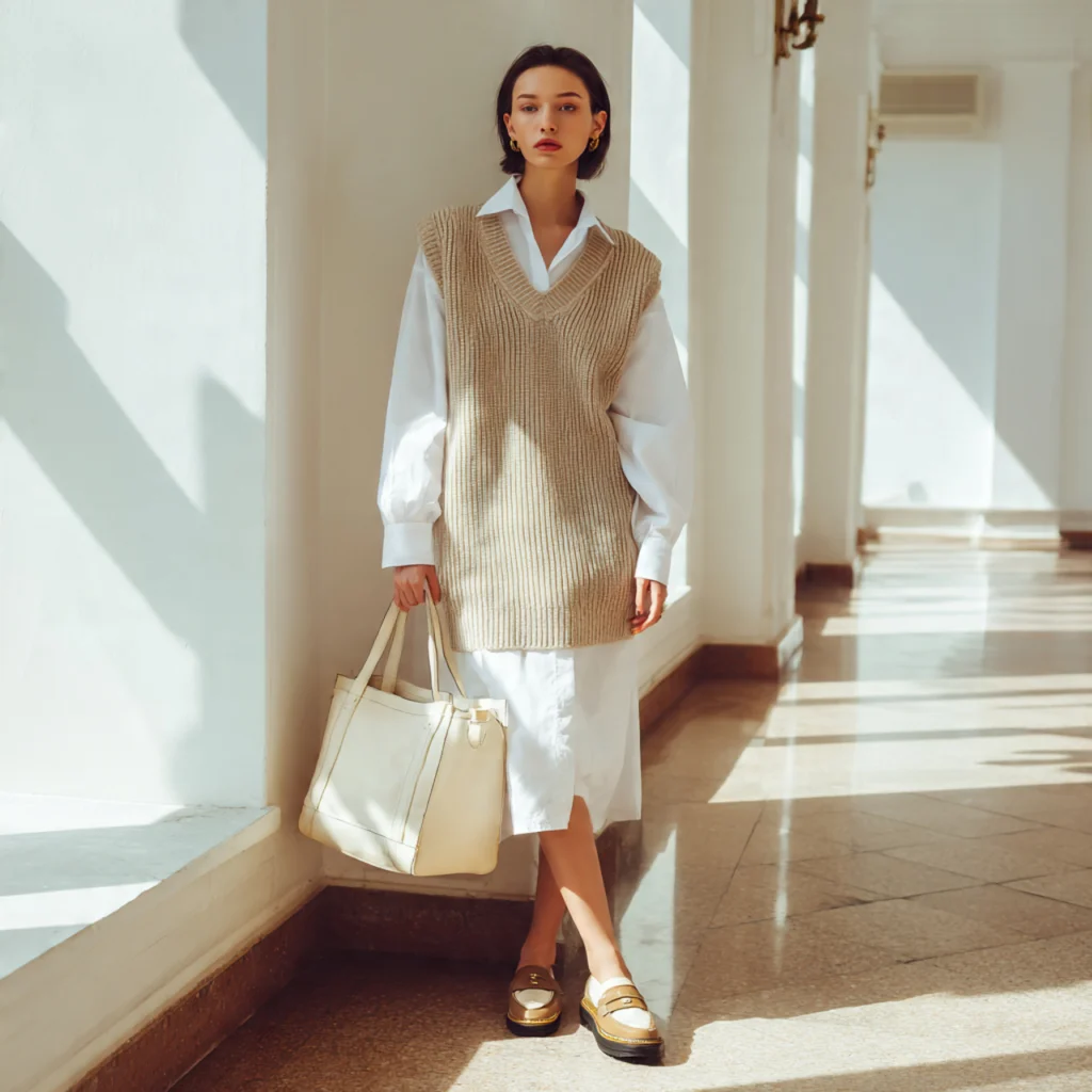 Button-Up Shirt Under Sweater Vest Dress