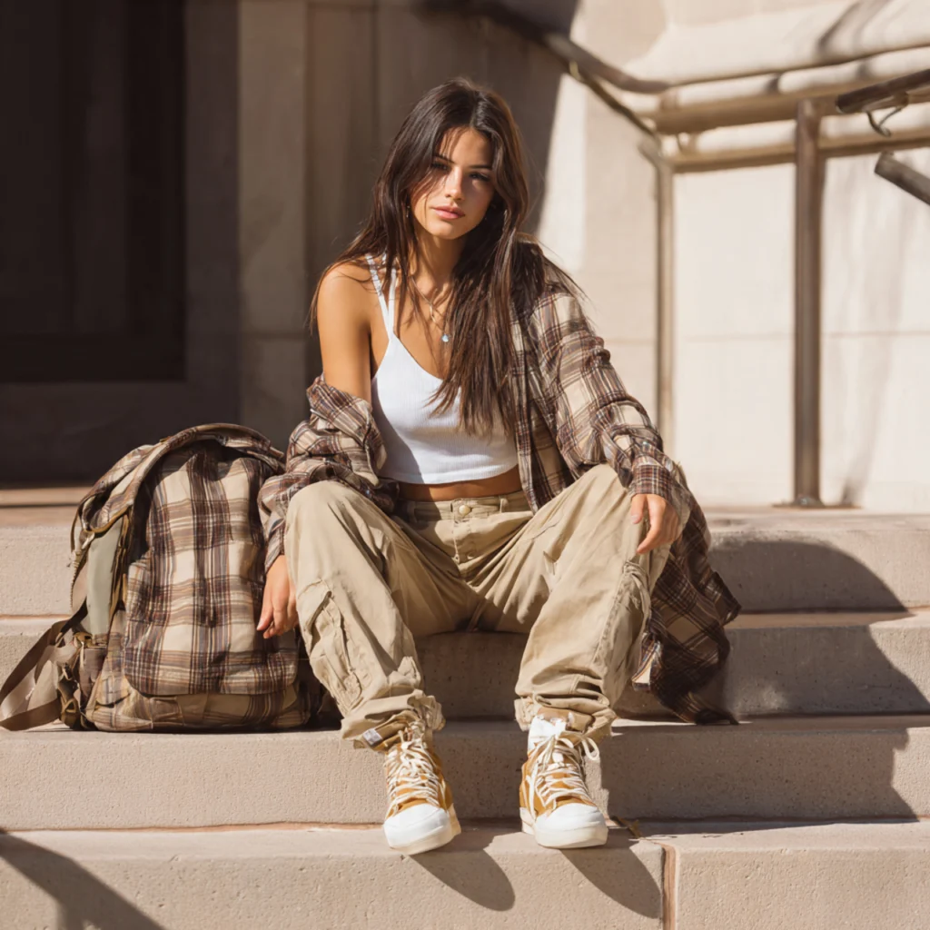 Cargo Pants with Fitted Tank and Oversized Shirt