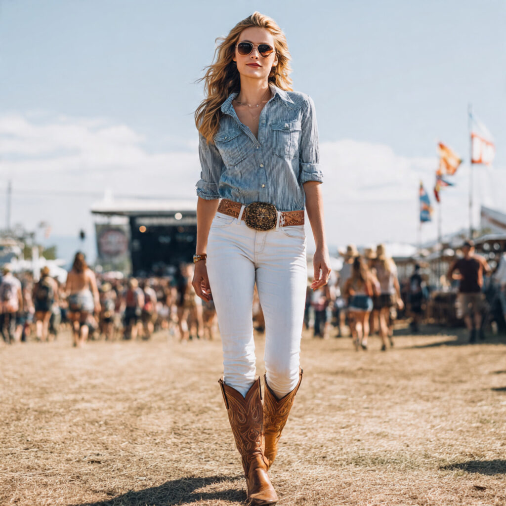 25 Trendy Country Concert Outfit Ideas to Rock Your Look 13 Chambray Shirt with White Jeans