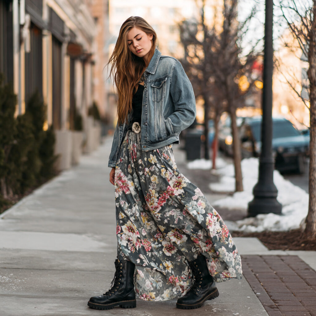27 Trendy Winter Outfits for Teens: Layering, Color & Comfort 24 Combat Boots and Flowy Maxi Skirt Idea