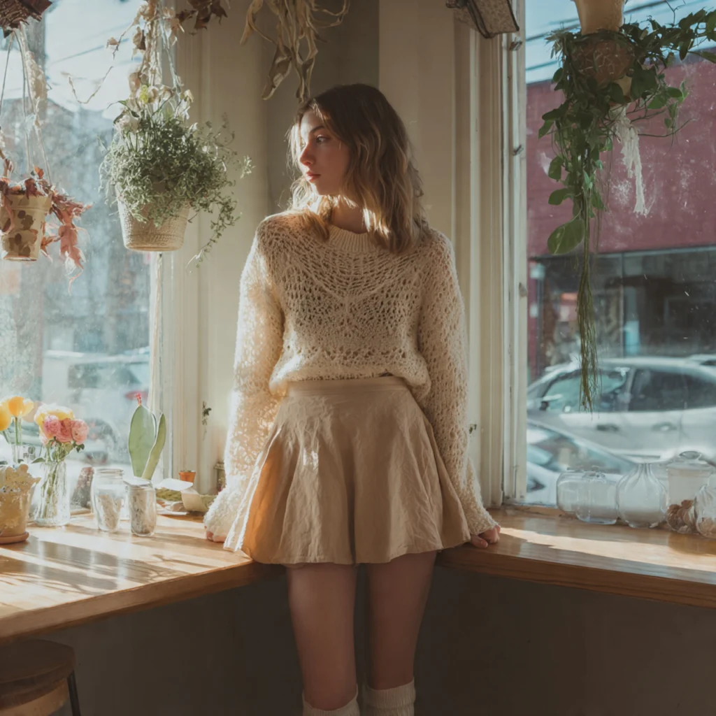 Coquette Outfit Ideas: Flared Mini Skirt with Crochet Sweater