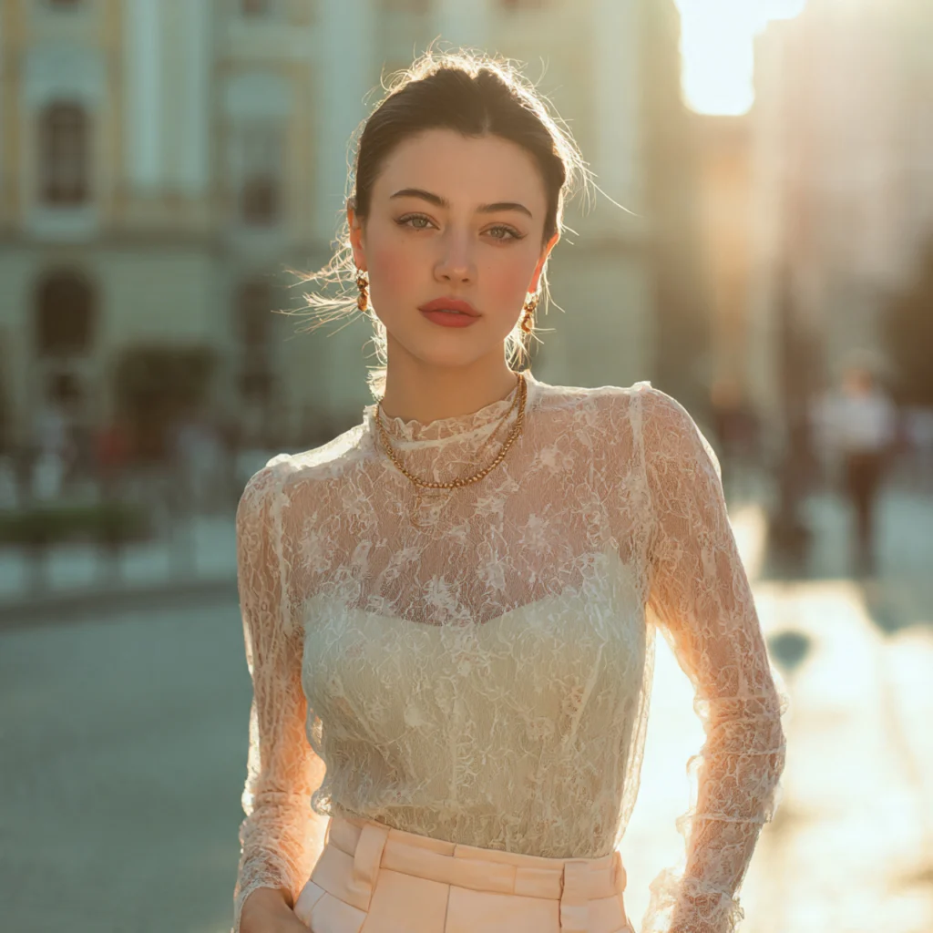 Coquette Outfit Ideas: Lace Blouse and High-Waisted Skirt