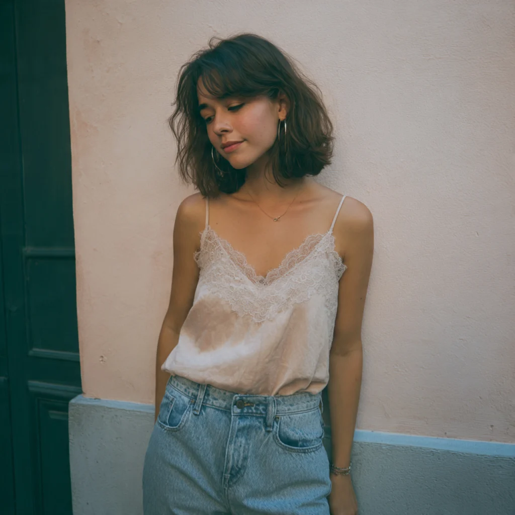 Coquette Outfit Ideas: Lace Trim Camisole with Boyfriend Jeans