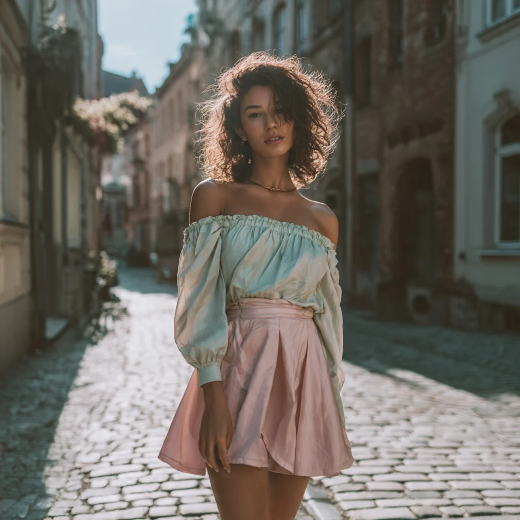 Coquette Outfit Ideas: Off-Shoulder Top with A-Line Skirt
