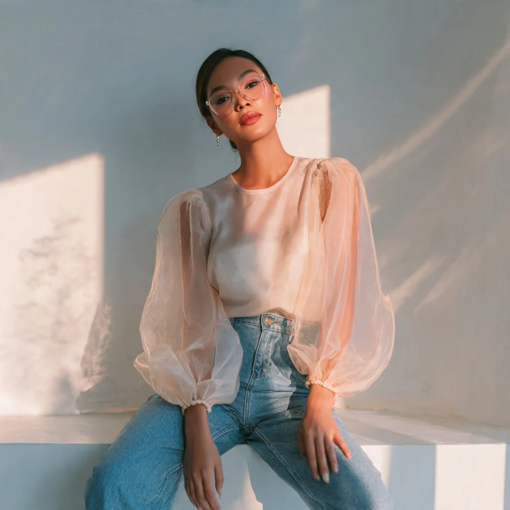 Coquette Outfit Ideas: Organza Sleeve Top with Straight-Leg Jeans