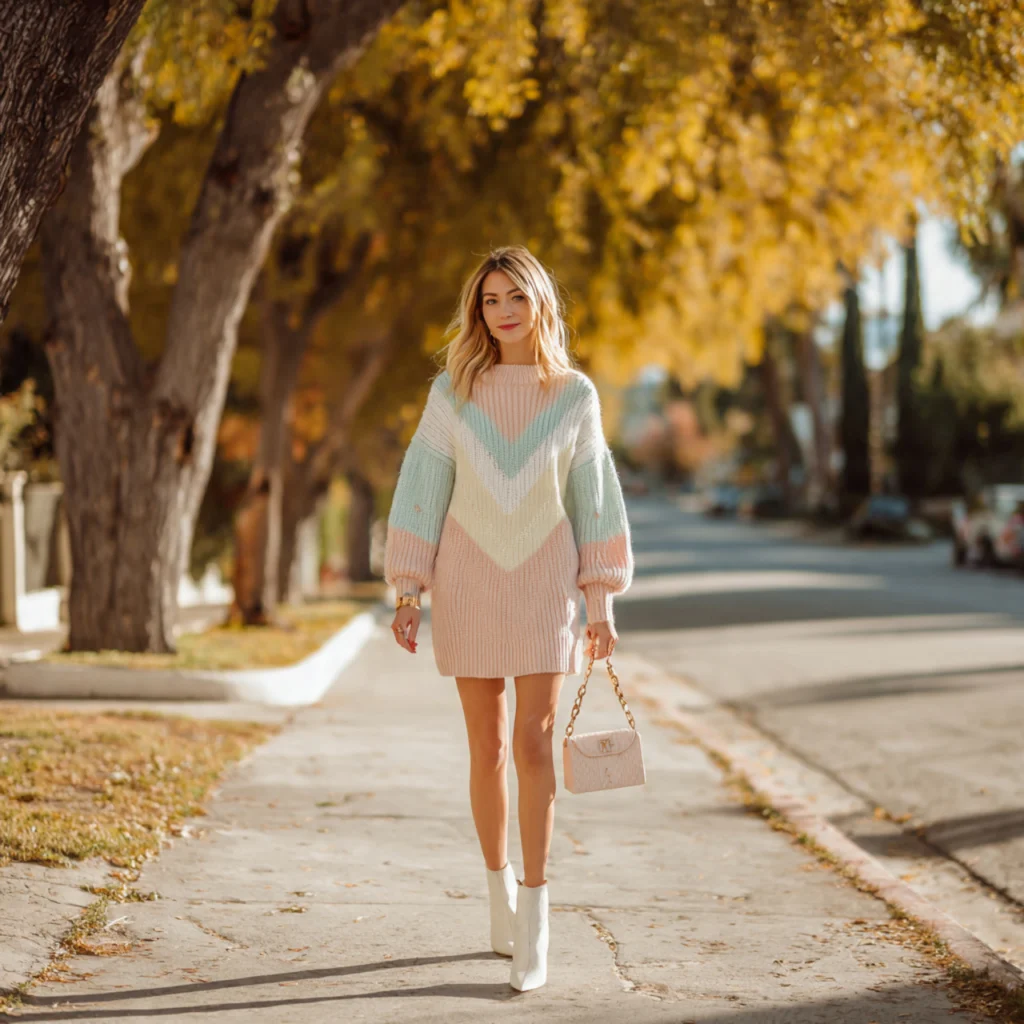 Coquette Outfit Ideas: Pastel Sweater Dress and Ankle Boots