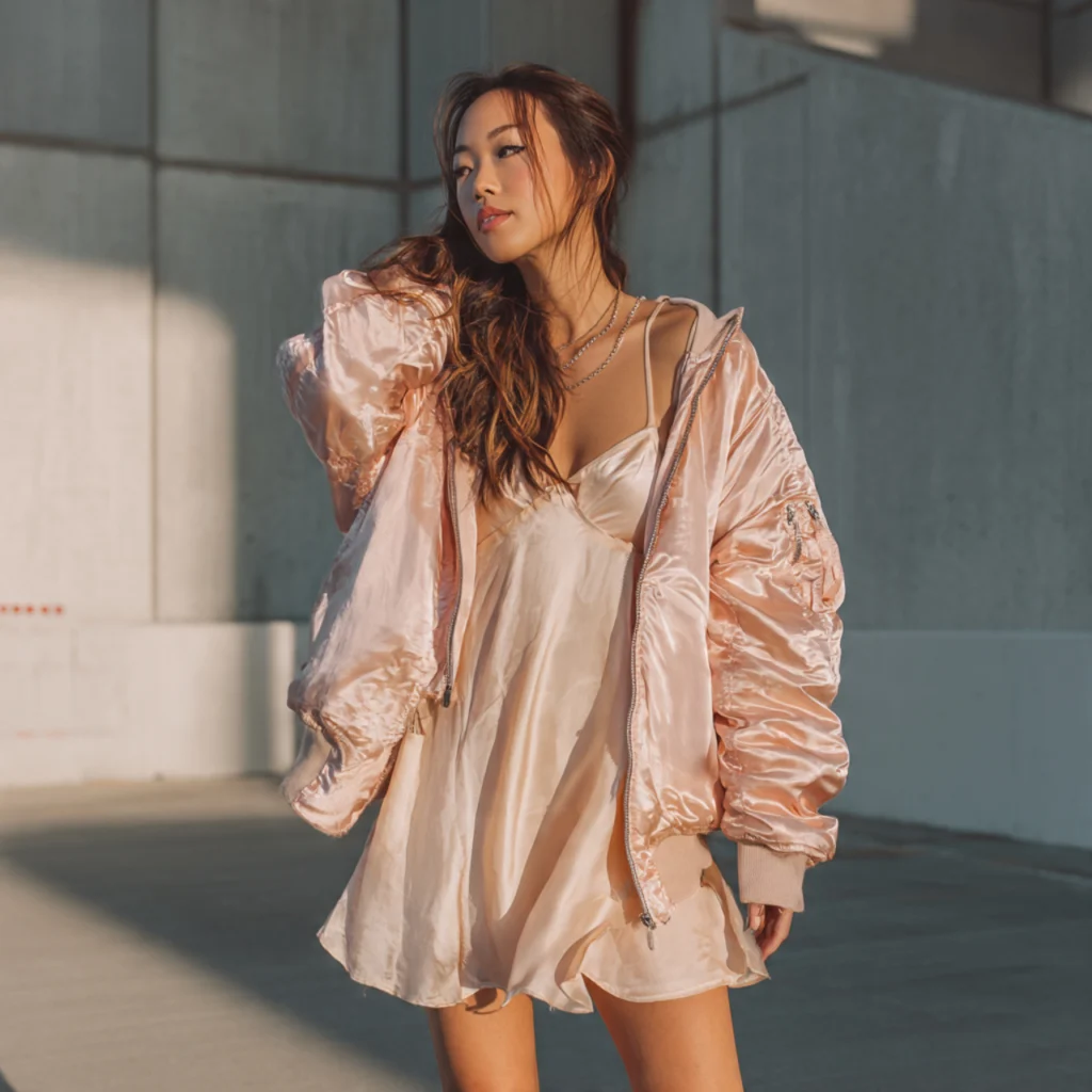 Coquette Outfit Ideas: Satin Bomber Jacket with Slip Dress