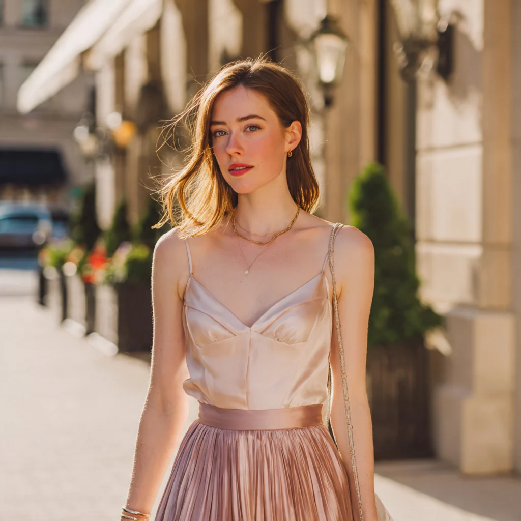 Coquette Outfit Ideas: Satin Camisole with Pleated Midi Skirt