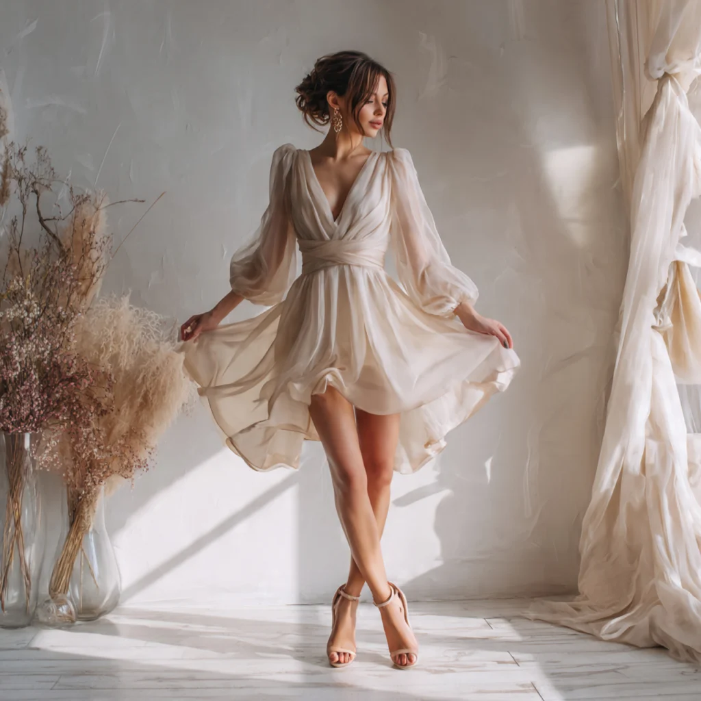 Coquette Outfit Ideas: Sheer Puff-Sleeve Dress with Simple Heels