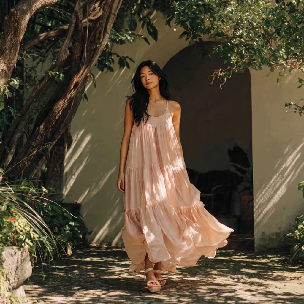 Coquette Outfit Ideas: Tiered Maxi Dress with Flat Sandals