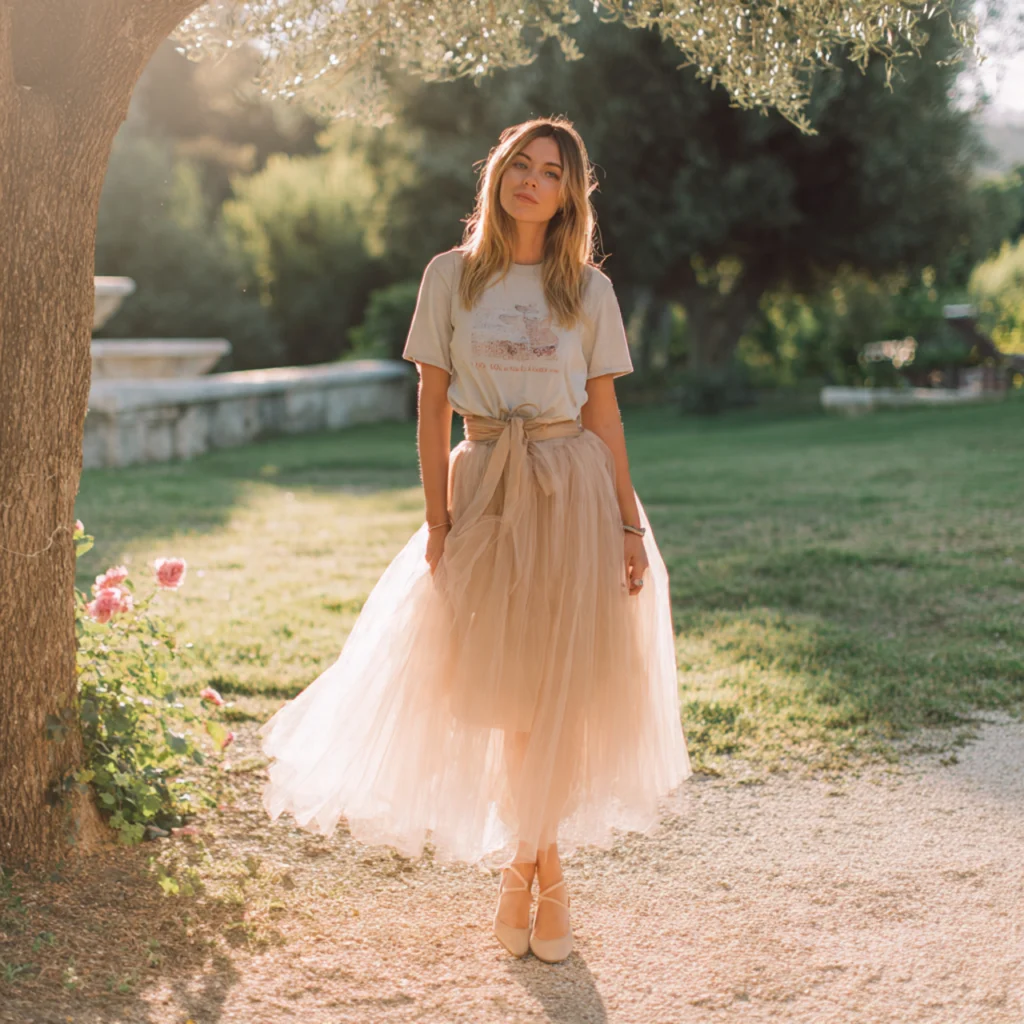 Coquette Outfit Ideas: Tulle Skirt with Graphic Tee and Ballet Flats