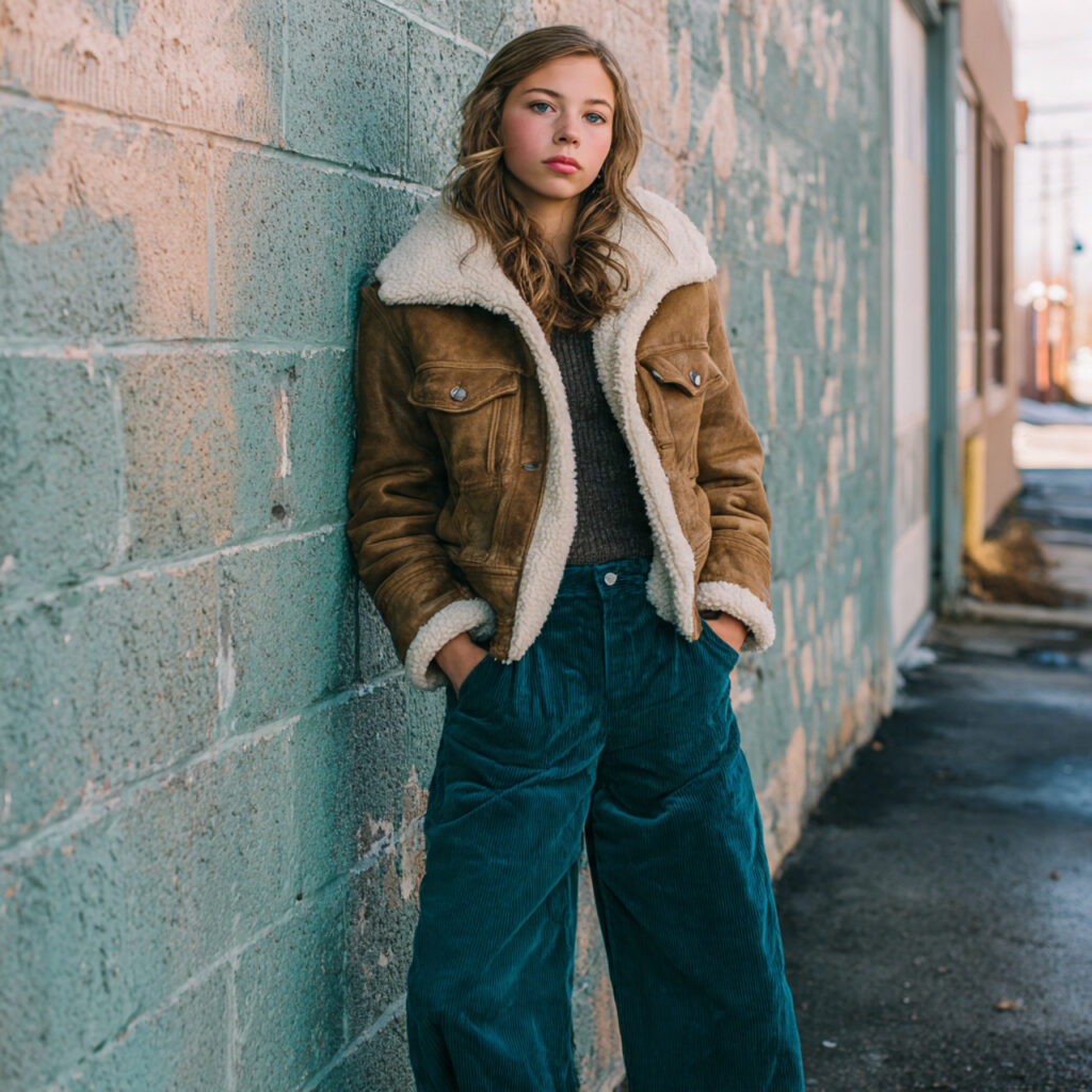 27 Trendy Winter Outfits for Teens: Layering, Color & Comfort 17 Corduroy Pants and Shearling Jacket Idea
