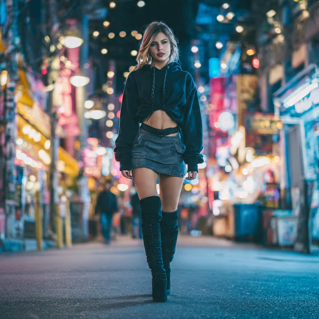 Crop Hoodie and Mini Skirt with Thigh-High Boots