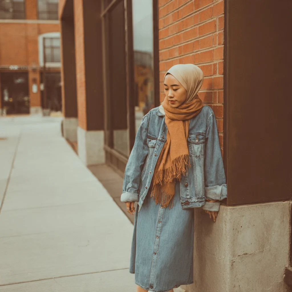 Denim Jacket Over Midi Dress and Scarf