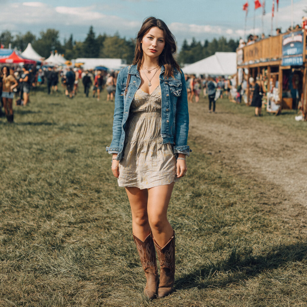 25 Trendy Country Concert Outfit Ideas to Rock Your Look 14 Denim Jacket over Sundress