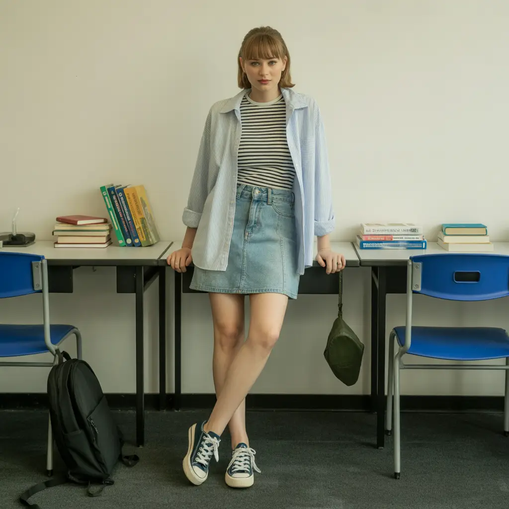 Denim Skirt and Layered Top Back to School Outfits
