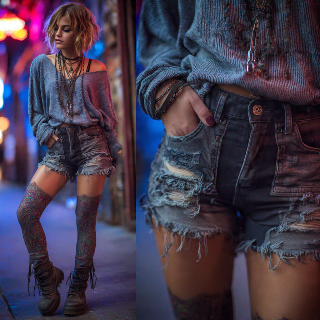 Distressed Shorts and Tights for Feminine Grunge Outfit Ideas