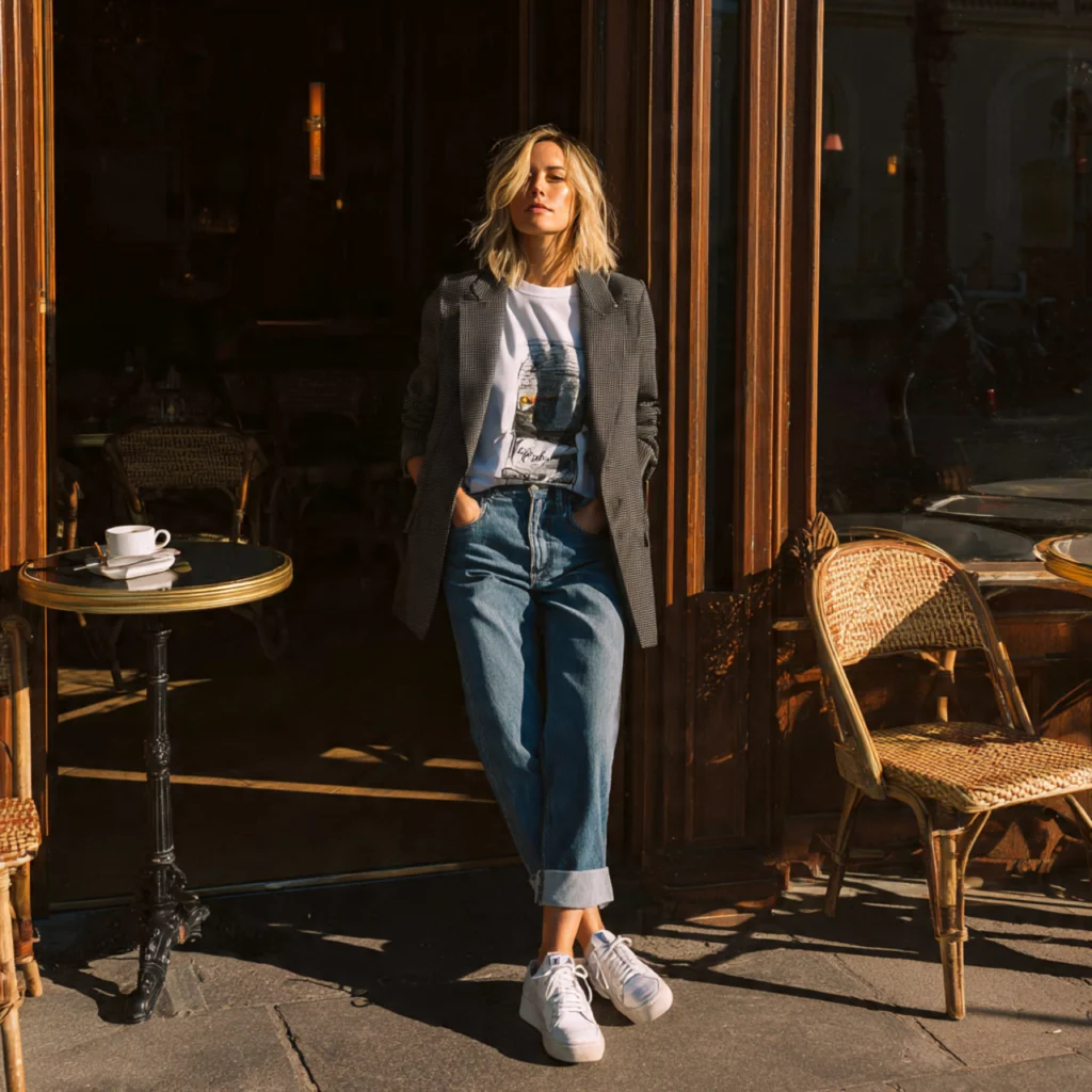 20 Best Fall Transition Outfits to Wear This Season 10 Fall Transition Outfits: Blazer Over a Graphic Tee and Jeans