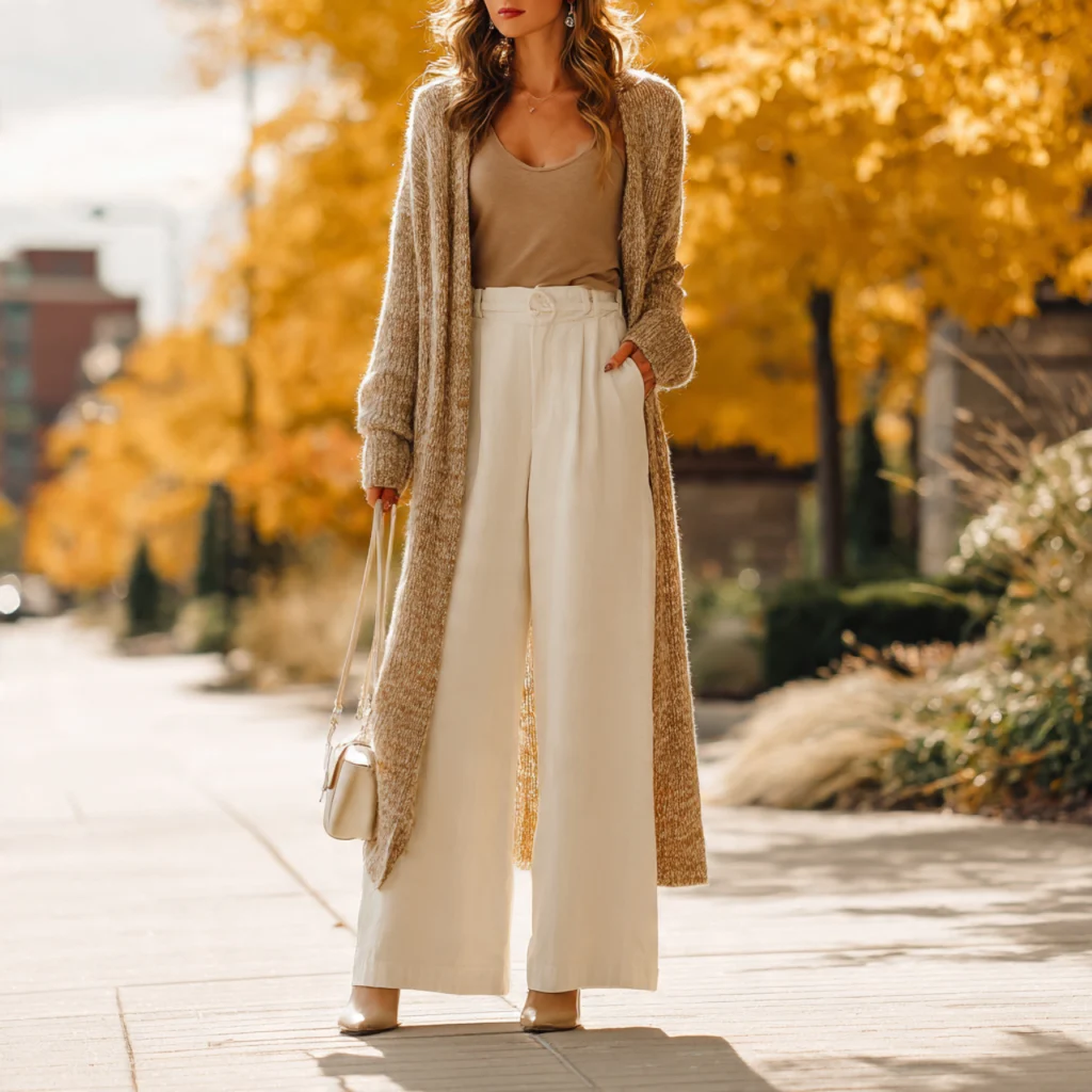 20 Best Fall Transition Outfits to Wear This Season 16 Fall Transition Outfits: Cardigan Over Tank Top with Wide-Leg Pants